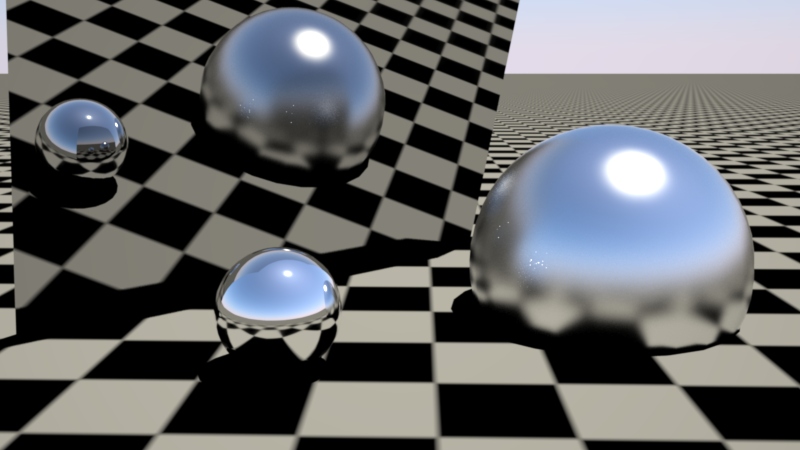 White dots ('fireflies') can be seen on the larger lower-gloss sphere. These come from the bright sun reflections on the small high-gloss sphere.