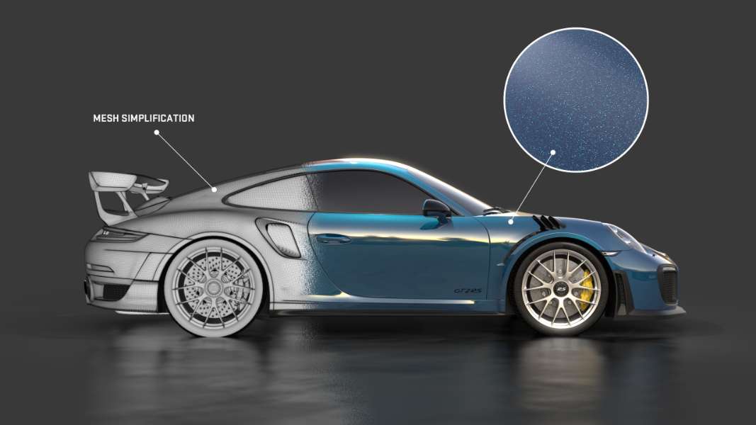 KeyShot 10.2 introduces features for Mesh Simplification and Metallic Flakes for Axalta Paint materials.