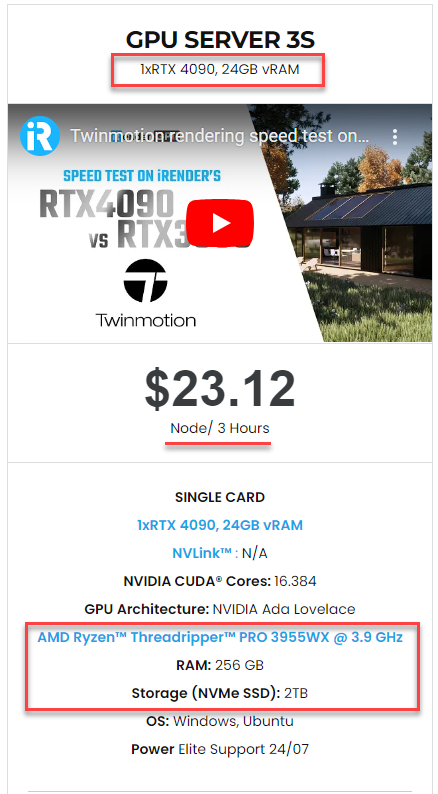 iRender Single RTX 4090 server for Twinmotion rendering