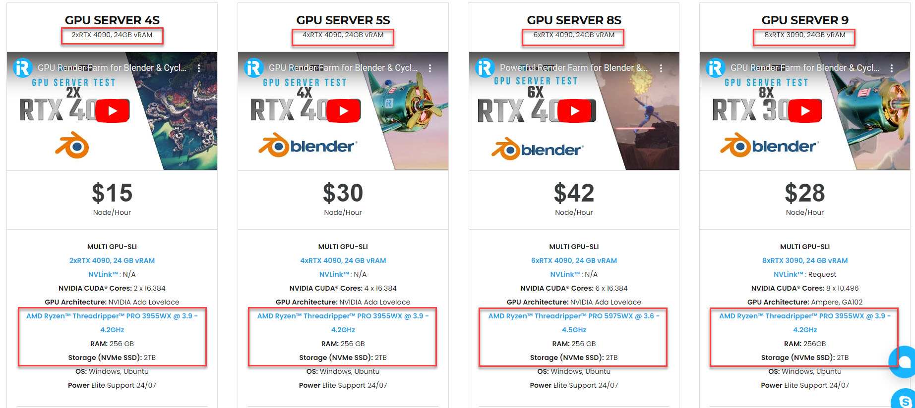 iRender GPU server 4S, 5S, 8S, 9A for Blender